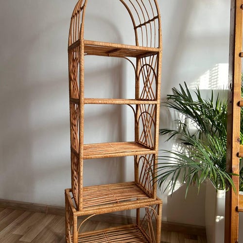 67" hight wicker arched shelf boho furniture plant shelf rattan bookcase eco-friendly shoe rack wicker book shelf natural arch rattan shelf