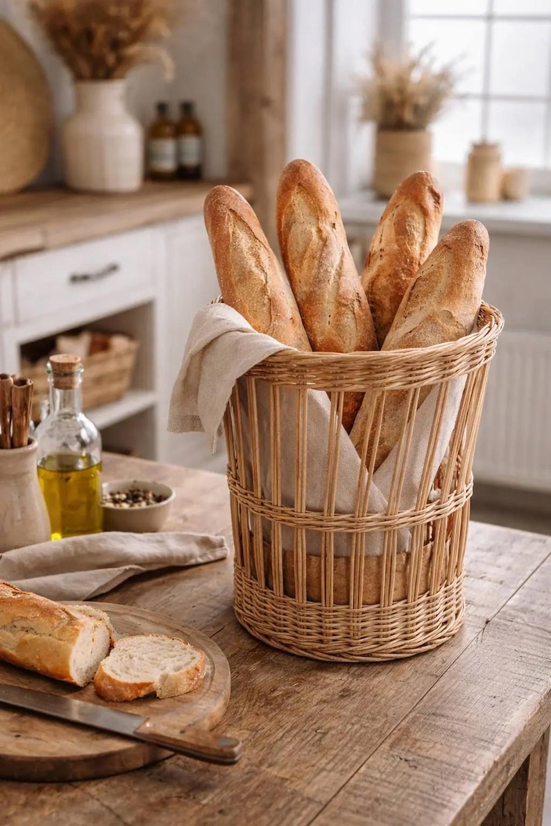 Puede incluir: Una cesta cil&iacute;ndrica de mimbre trenzado, forrada con una tela de lino beige claro, llena de cuatro baguettes francesas doradas y crujientes. La cesta se encuentra sobre una superficie de madera junto a una tabla de cortar con pan rebanado.