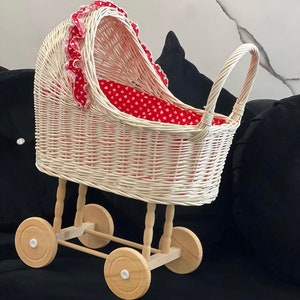 Poppenwagen, rieten poppenwagen, baby rieten kinderwagen, houten babypop koetsbuggy, babymeisje cadeau, poppenwagen, handgemaakt, milieuvriendelijk