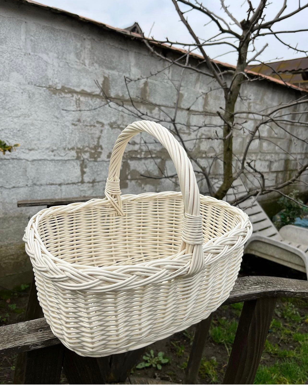 White Wicker Easter Basket with Solid Blue Liner