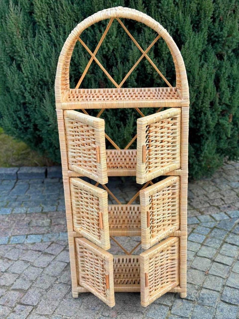 Handcrafted Wicker Storage Cabinet With Drawers Arched Shelf Boho ...
