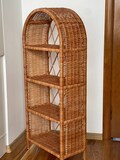 wicker shelving unit etagere shelf,boho furniture decor,book plant shelf stand,vintage style rattan wicker book shelf, boho arched bookcase