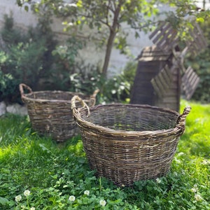 May include: Two large, round, woven wicker baskets with sturdy handles sit on a bed of green grass and clover. The baskets are a natural brown color and appear to be handmade. A windmill and trees are in the background.