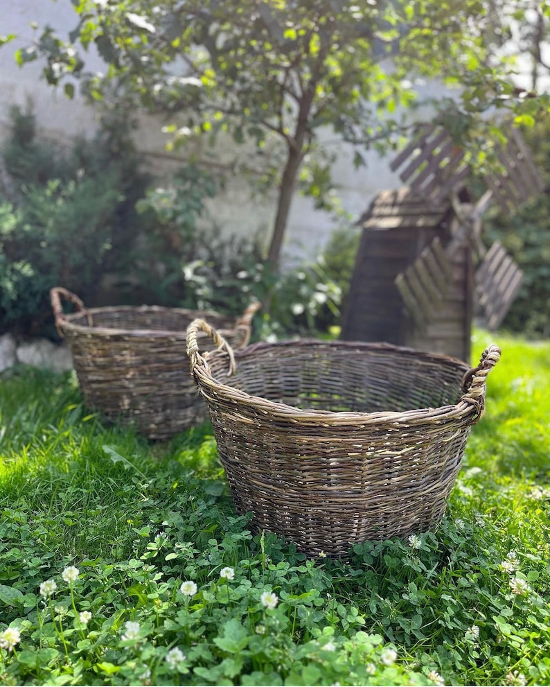 May include: Two large, round, woven wicker baskets with sturdy handles sit on a bed of green grass and clover. The baskets are a natural brown color and appear to be handmade. A windmill and trees are in the background.