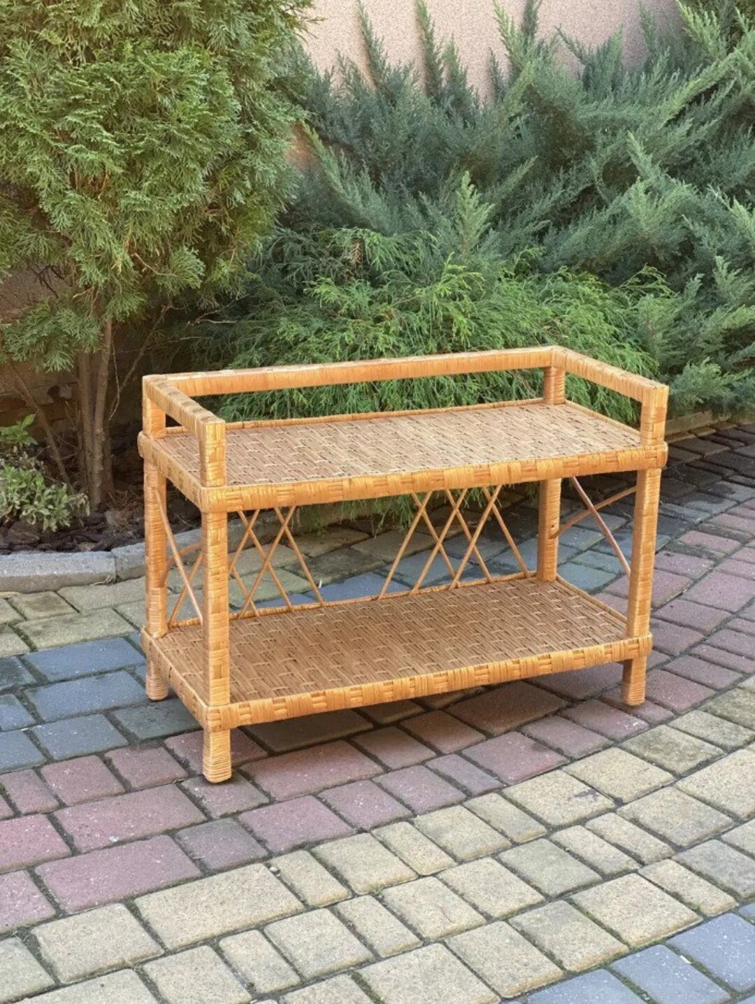 Wicker Shoe Storage Shelf, Wooden Rattan Shoe Rack, Ecoffriendly Boho Furniture, Wicker Shoe