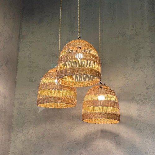NOLITOY Handmade Rattan Hanging Lampshade – Woven Boho Chandelier Cover, 5.9" X 5.9" X 5.5", Khaki, Retro Style
