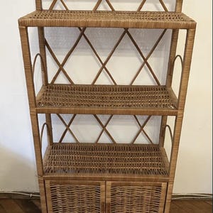 natural wicker cabinet rustic plant shelf rattan bookcase Eco-friendly bookcase boho cupboard vintage style curio shelf - Handmade