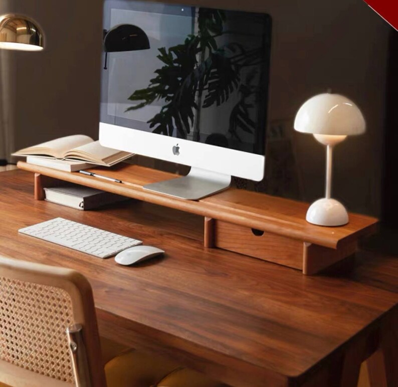Solid Walnut Wood Monitor Riser With Drawer Monitor Stand Desktop