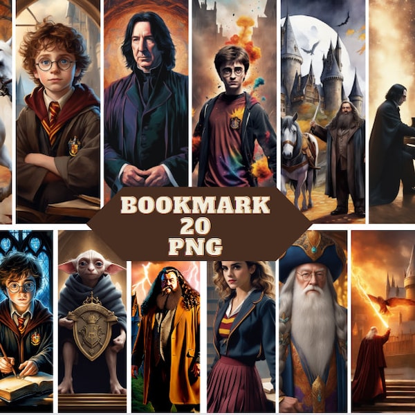 20 Harry PotterThemed Halloween Printable Bookmarks, Digital Download JPG-PNG Bookmark Sheets, Print and Cut, PNG Bookmark Sublimation