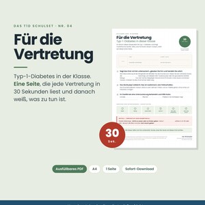 Może przedstawiać: Jednostronicowy arkusz informacyjny PDF w formacie A4 z możliwością wypełnienia, zatytułowany Für die Vertretung, przeznaczony dla nauczycieli zastępczych opiekujących się uczniami z cukrzycą typu 1. Dokument zawiera instrukcje, czerwone koło z napisem 30 Sek. oraz zielone ikony.