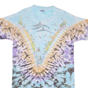 Vintage tie-dye oceaan John Connell vloeibaar blauw T-shirt 1990 groot gemaakt in de VS