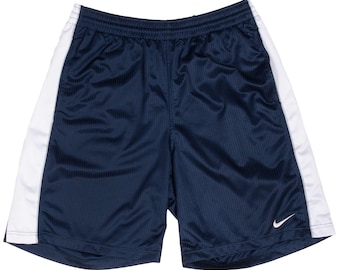 short de basketball Nike vintage années 2000 bleu et blanc avec logo virgule grand