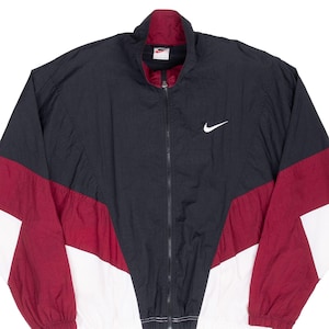 Vintage Nike Big Swoosh windjack in zwart, bordeauxrood en wit uit de jaren 90, maat Large