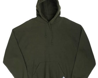 Sudadera con capucha vintage Russell Athletic color caqui verde de los años 90, talla 2XL