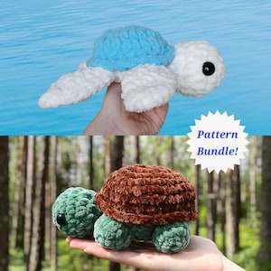 May include: Two plush crochet turtles. The top turtle has a bright blue shell and white body with black eyes. The bottom turtle has a dark brown shell and a green body with black eyes. A white starburst graphic contains the text Pattern Bundle!