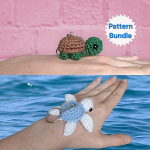 May include: Two crochet turtle keychains. One has a brown shell and green head and legs. The other has a blue shell and white flippers. The keychains are on a silver ring. The text "Pattern Bundle" is in a blue starburst.