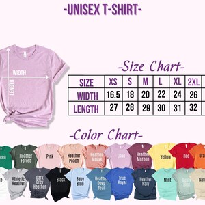 May include: Unisex t-shirt size chart with measurements in inches. Color chart with 20 different colors of t-shirts.