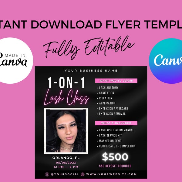 1 on 1 Lash Class Flyer, DIY Lash Training Masterclass Course Template, Lashes Tech MUA Nail Hair Extensions Makeup Editable Canva Template