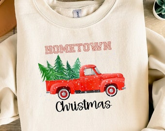 Hometown Christmas Sweatshirt, Christmas Truck Sweatshirt, Christmas Gift, Christmas Trees on Red Truck,