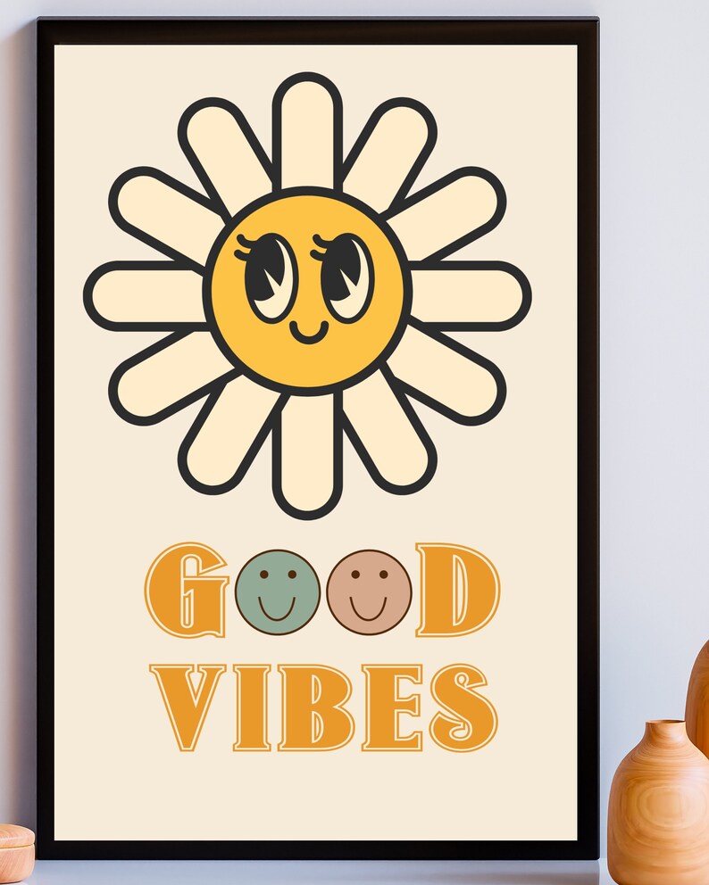 Retro Good Vibes Only Wall Art Sunflower Print Good Vibes Etsy