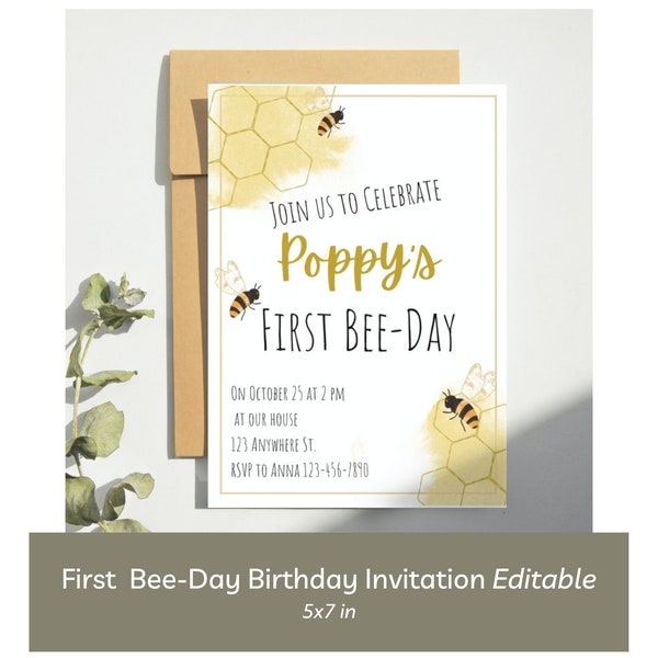 First Bee-Day Editable Invitation Digital Download