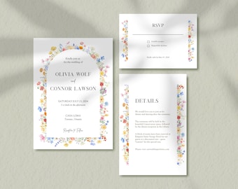 Modèle de faire-part de mariage lunatique couronne de fleurs sauvages, faire-part de mariage rustique de fleurs sauvages, suite de mariage floral jardin, modifiable