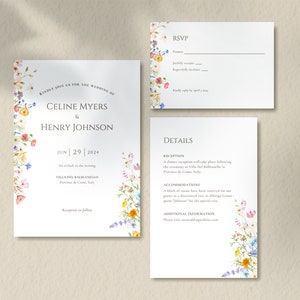 Whimsical Wildflower Wedding Invitation Set Template, Rustic Wildflower Wedding Invitation, Colorful Garden Floral Wedding Suite, Editable