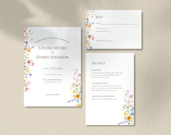 Modèle de faire-part de mariage lunatique fleurs sauvages, faire-part de mariage fleurs sauvages rustique, suite de mariage floral jardin coloré, modifiable