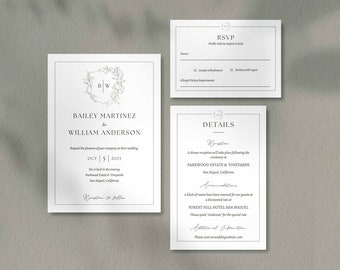 Simple Floral Crest Invitation Set Template, Minimal Botanical Wedding Invitation Suite Template, Editable Wedding Invitation Set