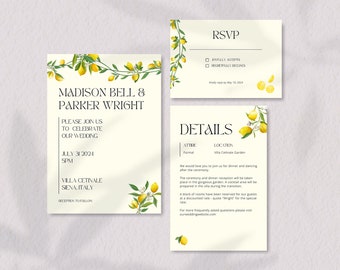 Lemon Garden Wedding Invitation Set Template, Sunny Citrus Wedding Invitation, Yellow Lemon Garden Wedding Suite, Editable