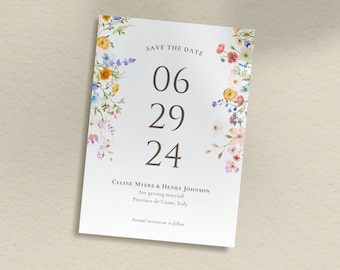 May include: Save the date card with floral border. The date June 29, 2024 is printed in brown text. The text "Celine Myers & Henry Johnson Are getting married Province de Como, Italy Formal invitation to follow" is printed in brown text.