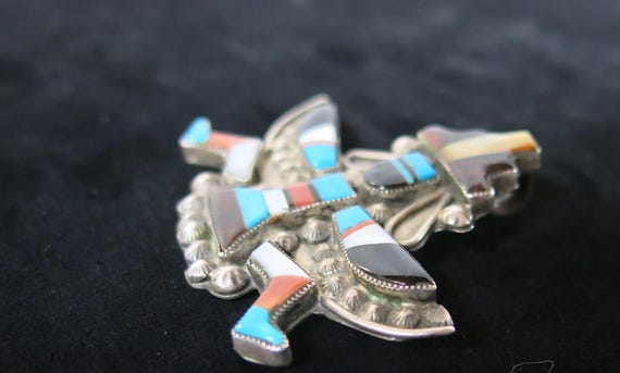 Old Pawn Zuni Knifewing Inlay Brooch Signed Lamy View 3