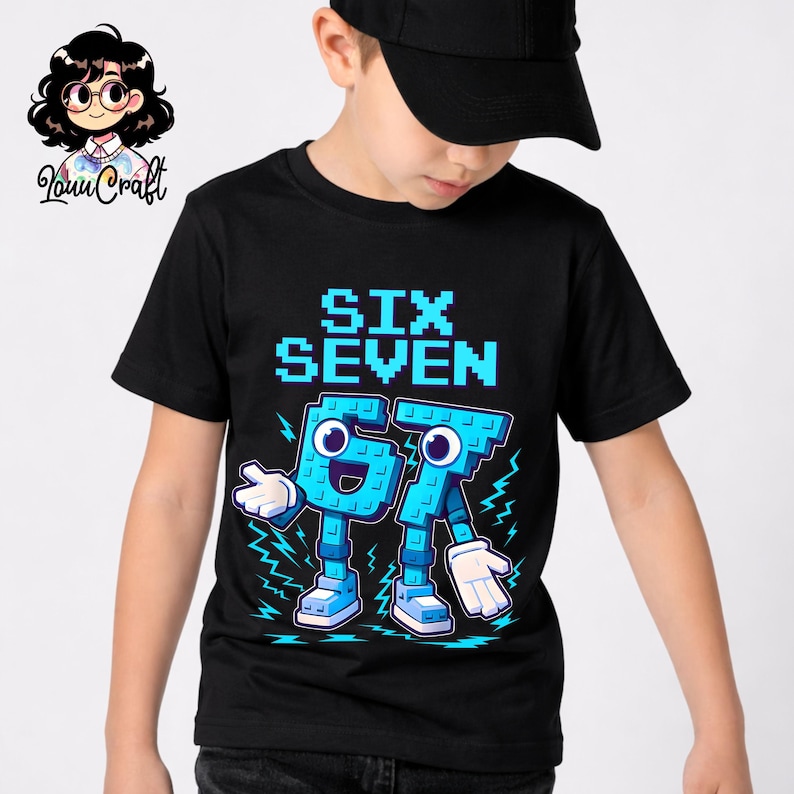 May include: Black t-shirt featuring the words "SIX SEVEN" in a blue pixelated font. Below, the numbers 6 and 7 are depicted as cartoon characters with arms, legs, and shoes. The design includes lightning bolts.