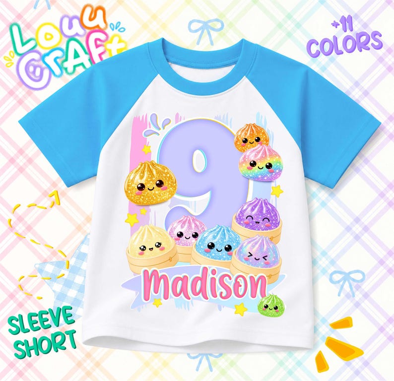 May include: A white t-shirt with bright blue raglan sleeves featuring a large purple number nine, the name Madison in pink, and several colorful, glittery, smiling dumpling characters in bamboo steamers printed on the front center.