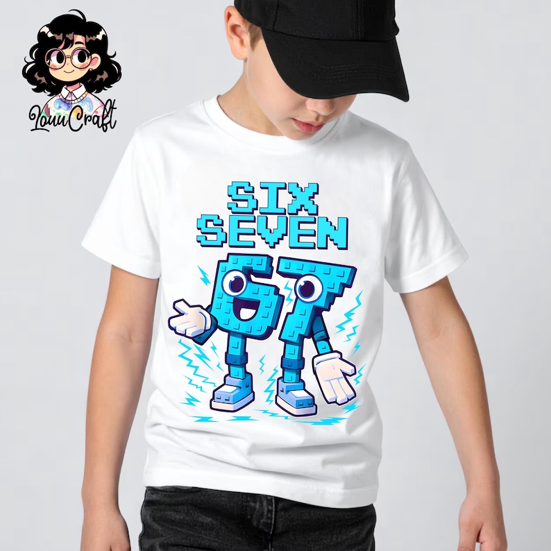 May include: White t-shirt with the text "SIX SEVEN" in pixelated blue letters. Below, the numbers 6 and 7 are depicted as cartoon characters with arms, legs, and shoes. Lightning bolt graphics are also present.