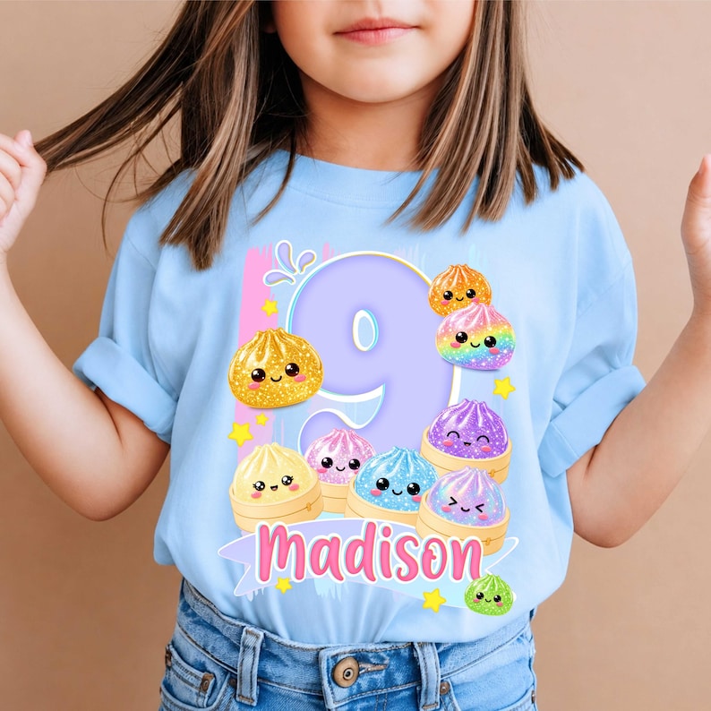 Personalized Dumpling Birthday T-Shirt: Squish Party Theme, All Sizes Basic Ligthblue Tee