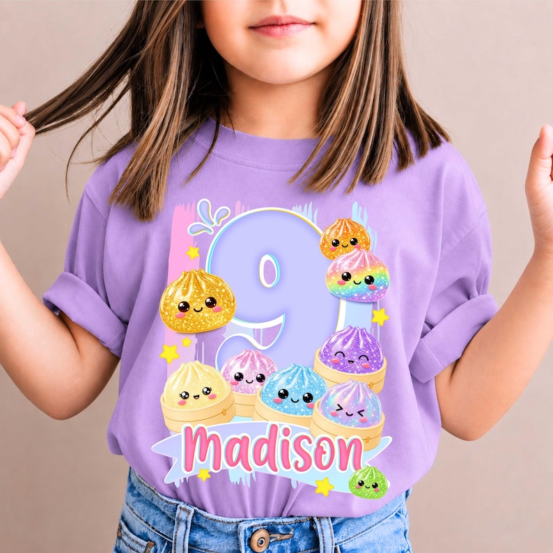 Personalized Dumpling Birthday T-Shirt: Squish Party Theme, All Sizes Basic Lavender Shirt