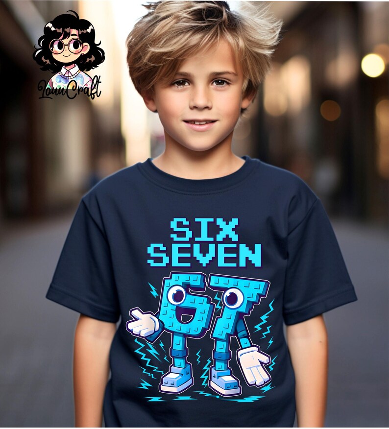 May include: A navy blue t-shirt featuring the text "SIX SEVEN" in a pixelated light blue font. The numbers 6 and 7 are illustrated as cartoon figures with arms, legs, and smiling faces. The t-shirt is worn by a young person.