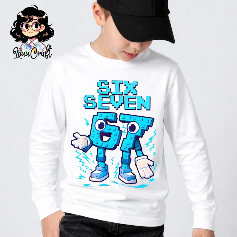 May include: White long-sleeve shirt with a blue pixelated graphic that reads "SIX SEVEN". The graphic features two cartoon characters in the shape of the numbers six and seven. The characters have blue bodies, white hands, and blue shoes.