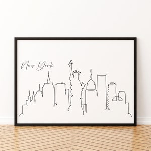 New York City Skyline, One Line Art, Skyline Print, Minimalist, New York Poster, Modern Line Art, Line Art Digital Print, Black White Print