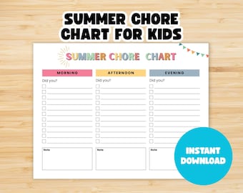 Summer Chore Chart | Not Editable | Kids Daily Activities & Chore Chart | Screen Time Rules for Kids | Kids Routine |Printable Kids Chart