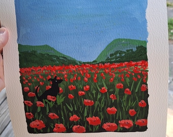 Könnte beinhalten: Ein Gemälde, das ein Feld mit roten Mohnblumen zeigt, in dessen Mitte sich eine schwarze Silhouette eines Hundes befindet. Der Himmel ist blau mit weißen Wolken.