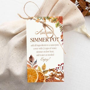 May include: A cream-colored tag tied with twine, featuring the text "Autumn Simmer Pot" with instructions and decorative fall foliage, orange slices, and spices. The tag is attached to a beige fabric bag.