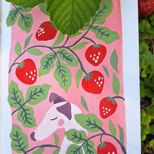 Giclée art print, dog painting, strawberry painting, nursery decor, ready to hang pet print, pink hound, greyhound, pink dog