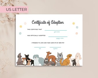 Dog Adoption Certificate, Puppy Party, Dog Birthday Pet Adoption | Instant Download, Not Editable, Digital File | Dog Certificate