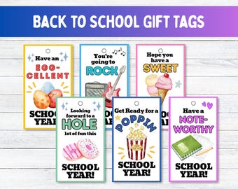 May include: A collection of colorful gift tags with various back-to-school themed designs. Each tag features playful text and illustrations, including eggs, a guitar, ice cream, popcorn, and school supplies. The tags are rectangular with a hole at the top.