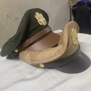 WW2 Two Sets Of US Army Officers Visor Caps Chocolate and Khaki All Sizes Repro WW2 Crusher Service Hats