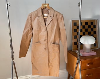 Vintage 90s Leather Trench Blazer, Tan Beige Structured Jacket (UK 10 S/M)