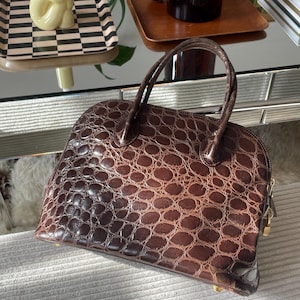 Vintage 1990s 00s Brown Real Leather Embossed Top Handle Medium Sized Ladies Handbag With Gold Tone Accent