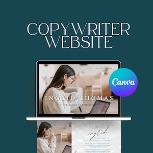 Puede incluir: La pantalla de una computadora portátil que muestra un sitio web para una redactora independiente llamada Ingrid Thomas. El sitio web tiene un diseño simple con un fondo blanco y texto negro. El sitio web incluye secciones para "Acerca de", "Servicios" y "Aprender". El sitio web también incluye un logotipo para Canva, una plataforma de diseño gráfico.
